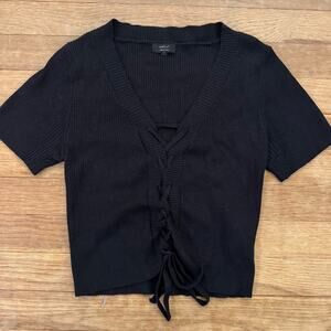 Debut black youth crop top V-neck sweater cardigan tie waist shirt top size M/L